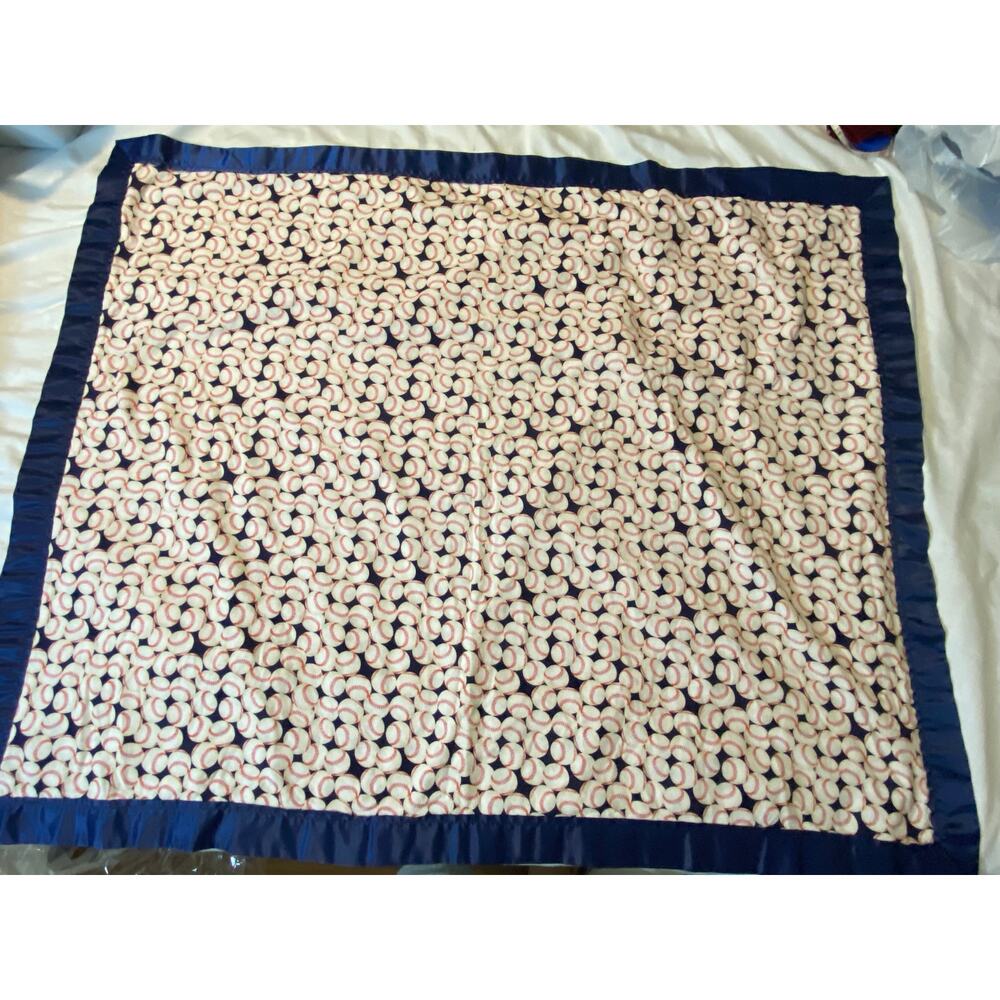 Handmade vintage Baseball baby blanket Blue satin trim Baby boy 42x33 - Picture 3 of 5